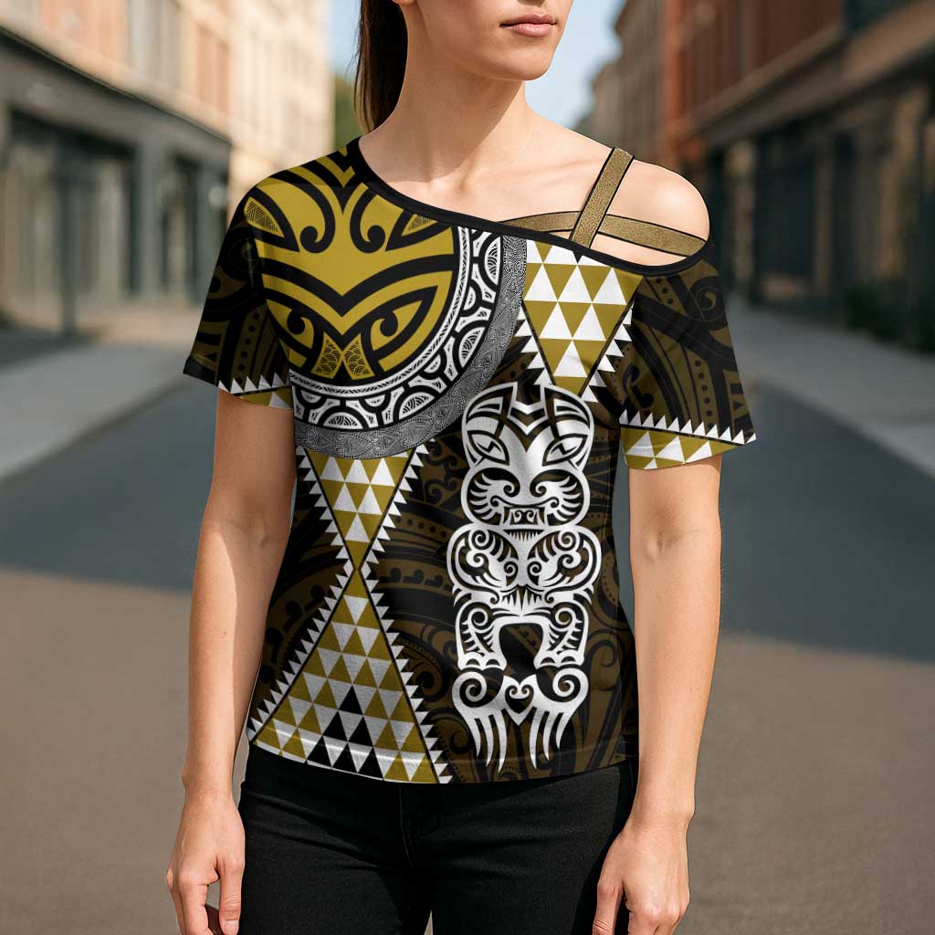 Yellow Aotearoa Niho Taniwha Cross Shoulder Shirt Maori Mythology Tooth - Taniko Motifs - Aussie Hoodie