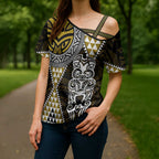 Yellow Aotearoa Niho Taniwha Cross Shoulder Shirt Maori Mythology Tooth - Taniko Motifs - Aussie Hoodie