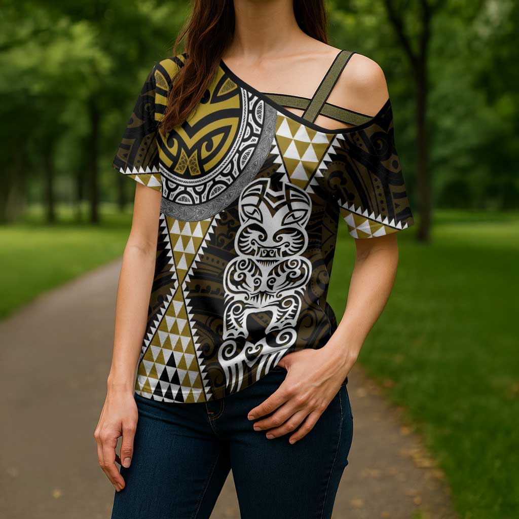 Yellow Aotearoa Niho Taniwha Cross Shoulder Shirt Maori Mythology Tooth - Taniko Motifs - Aussie Hoodie