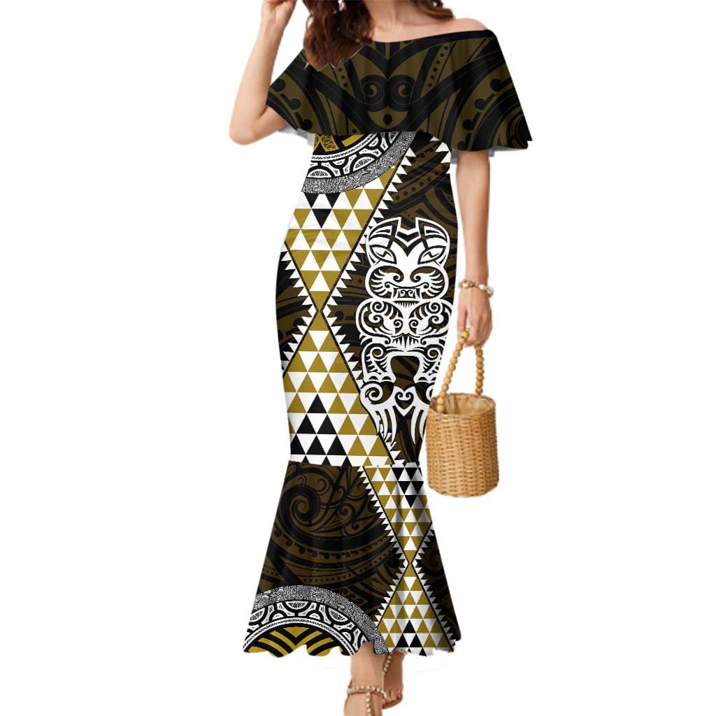 Yellow Aotearoa Niho Taniwha Family Matching Mermaid Dress and Hawaiian Shirt Maori Mythology Tooth - Taniko Motifs