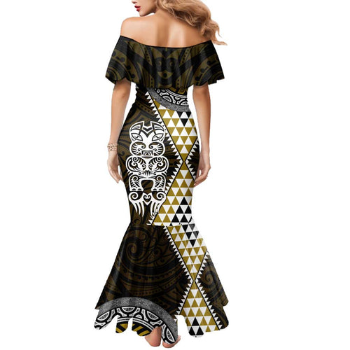 Yellow Aotearoa Niho Taniwha Family Matching Mermaid Dress and Hawaiian Shirt Maori Mythology Tooth - Taniko Motifs