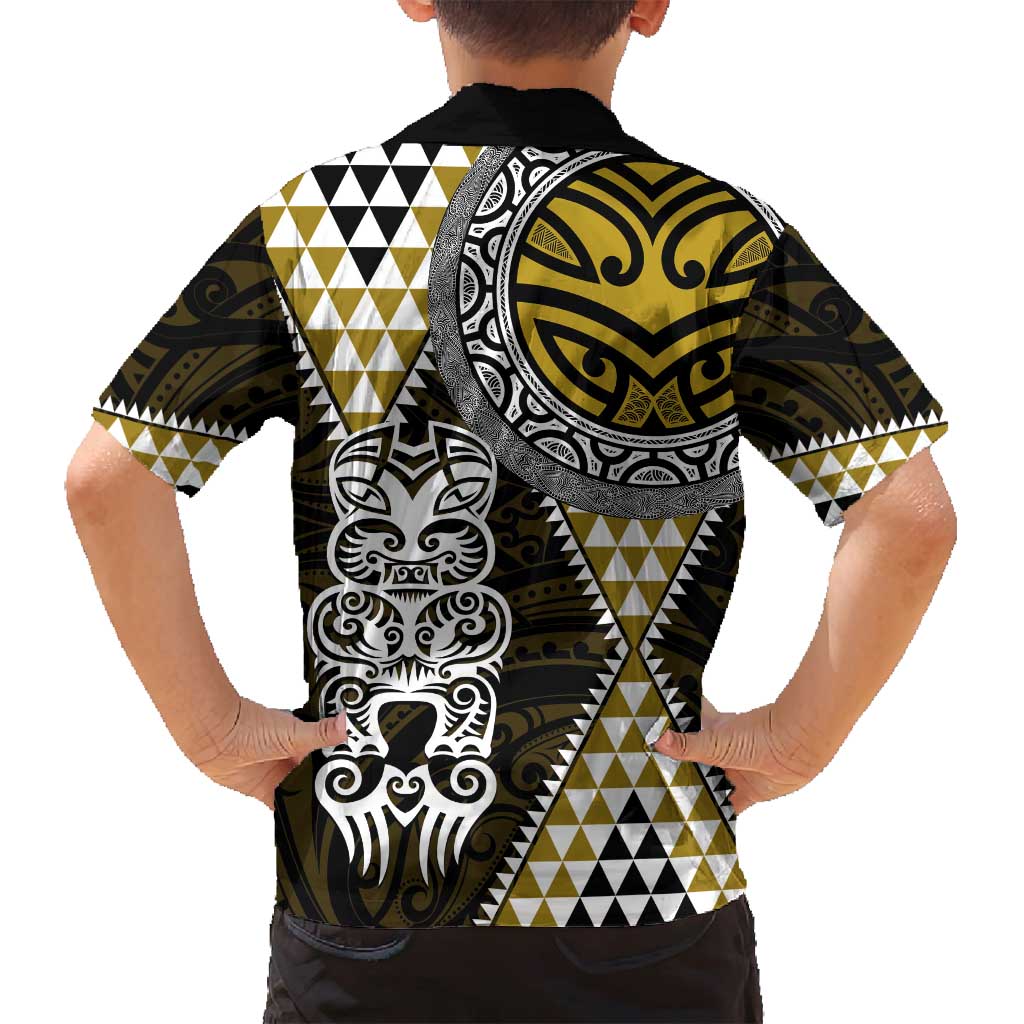Yellow Aotearoa Niho Taniwha Family Matching Off Shoulder Maxi Dress and Hawaiian Shirt Maori Mythology Tooth - Taniko Motifs