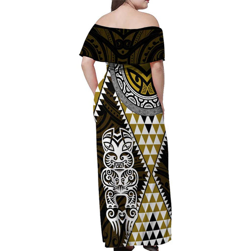 Yellow Aotearoa Niho Taniwha Family Matching Off Shoulder Maxi Dress and Hawaiian Shirt Maori Mythology Tooth - Taniko Motifs