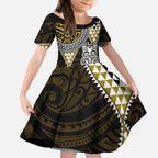 Yellow Aotearoa Niho Taniwha Kid Short Sleeve Dress Maori Mythology Tooth - Taniko Motifs