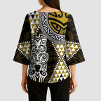 Yellow Aotearoa Niho Taniwha Kimono Sleeve Blouse Maori Mythology Tooth - Taniko Motifs - Aussie Hoodie