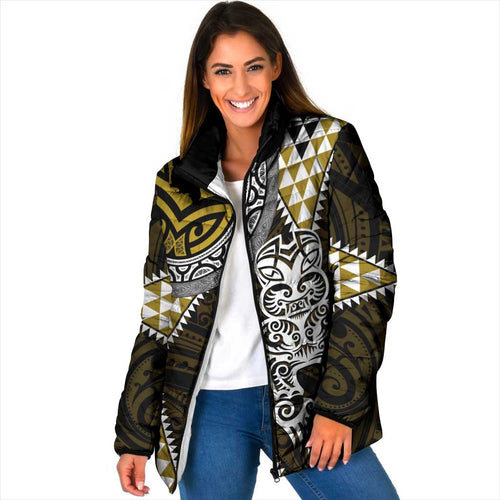 Yellow Aotearoa Niho Taniwha Padded Jacket Maori Mythology Tooth - Taniko Motifs - Aussie Hoodie