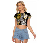 Yellow Aotearoa Niho Taniwha Raglan Cropped T Shirt Maori Mythology Tooth - Taniko Motifs