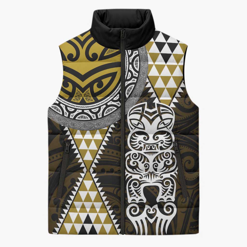 Yellow Aotearoa Niho Taniwha Sleeveless Puffer Jacket Maori Mythology Tooth - Taniko Motifs - Aussie Hoodie