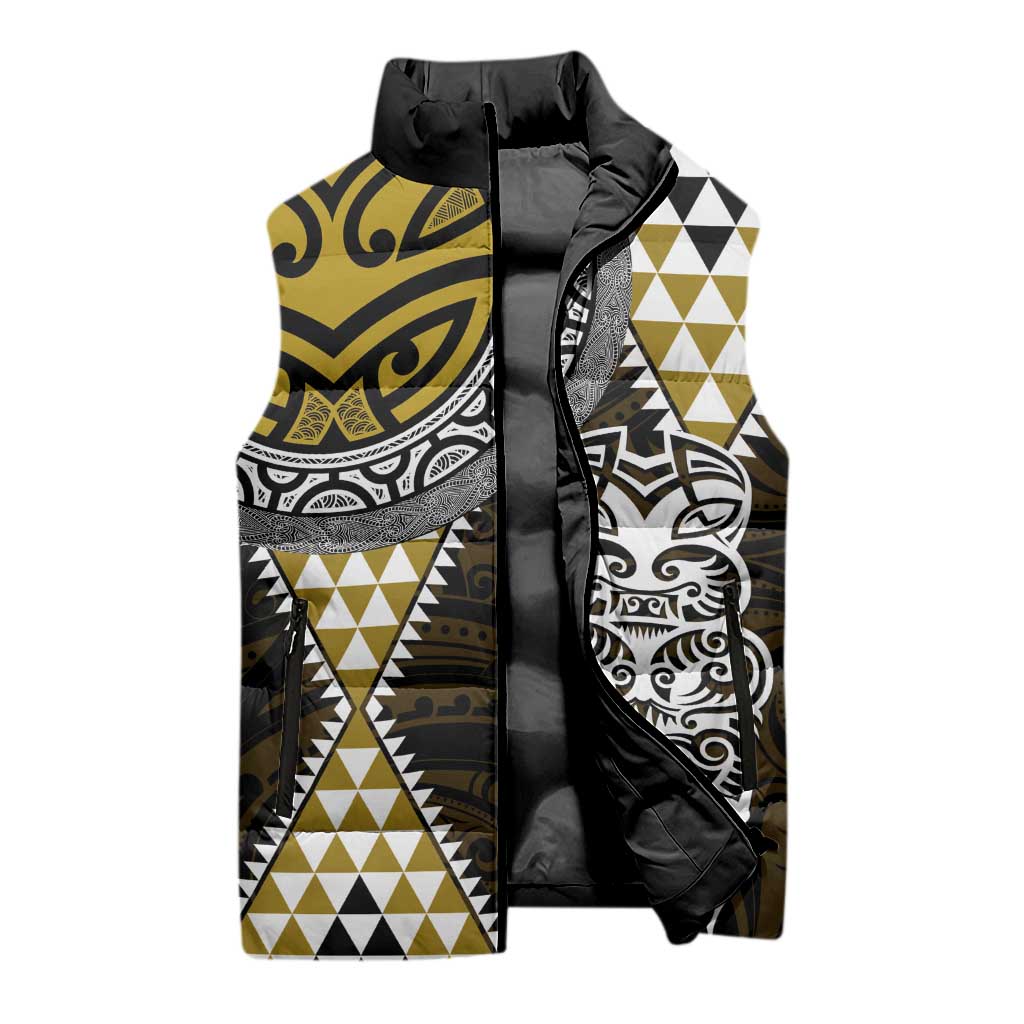 Yellow Aotearoa Niho Taniwha Sleeveless Puffer Jacket Maori Mythology Tooth - Taniko Motifs - Aussie Hoodie