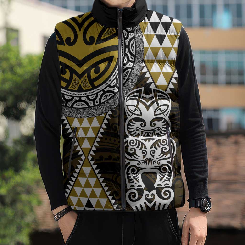 Yellow Aotearoa Niho Taniwha Sleeveless Puffer Jacket Maori Mythology Tooth - Taniko Motifs - Aussie Hoodie
