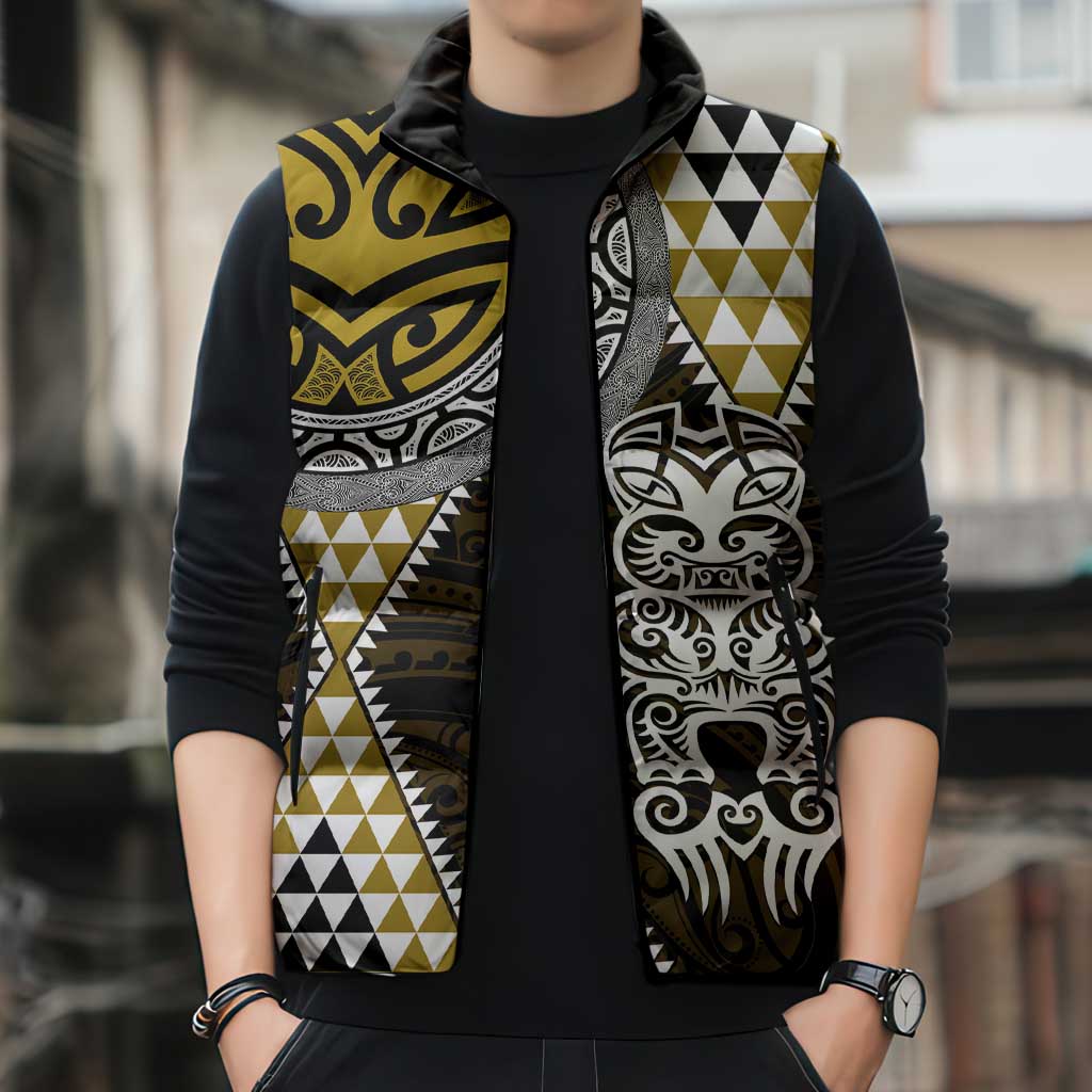 Yellow Aotearoa Niho Taniwha Sleeveless Puffer Jacket Maori Mythology Tooth - Taniko Motifs - Aussie Hoodie