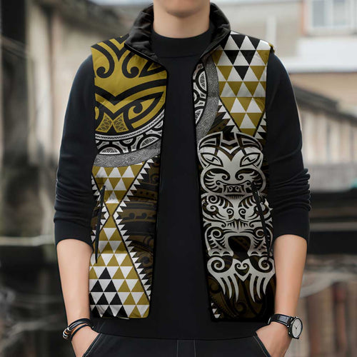 Yellow Aotearoa Niho Taniwha Sleeveless Puffer Jacket Maori Mythology Tooth - Taniko Motifs - Aussie Hoodie