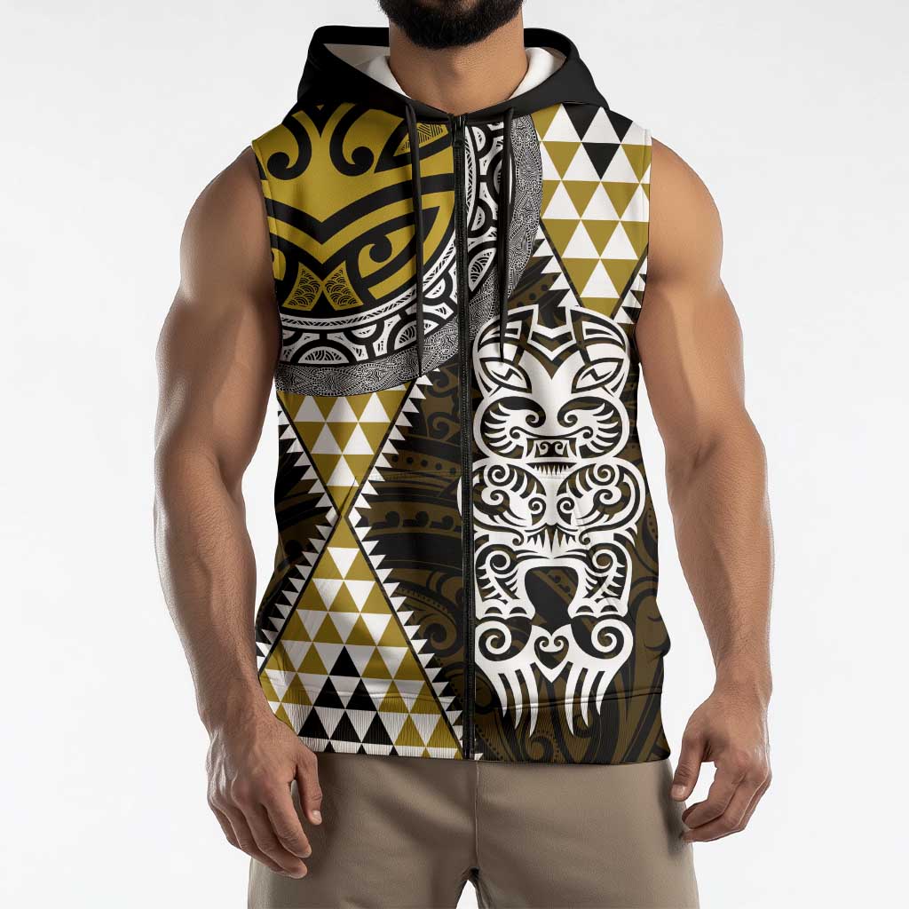 Yellow Aotearoa Niho Taniwha Sleeveless Zip Hoodie Maori Mythology Tooth - Taniko Motifs LT14