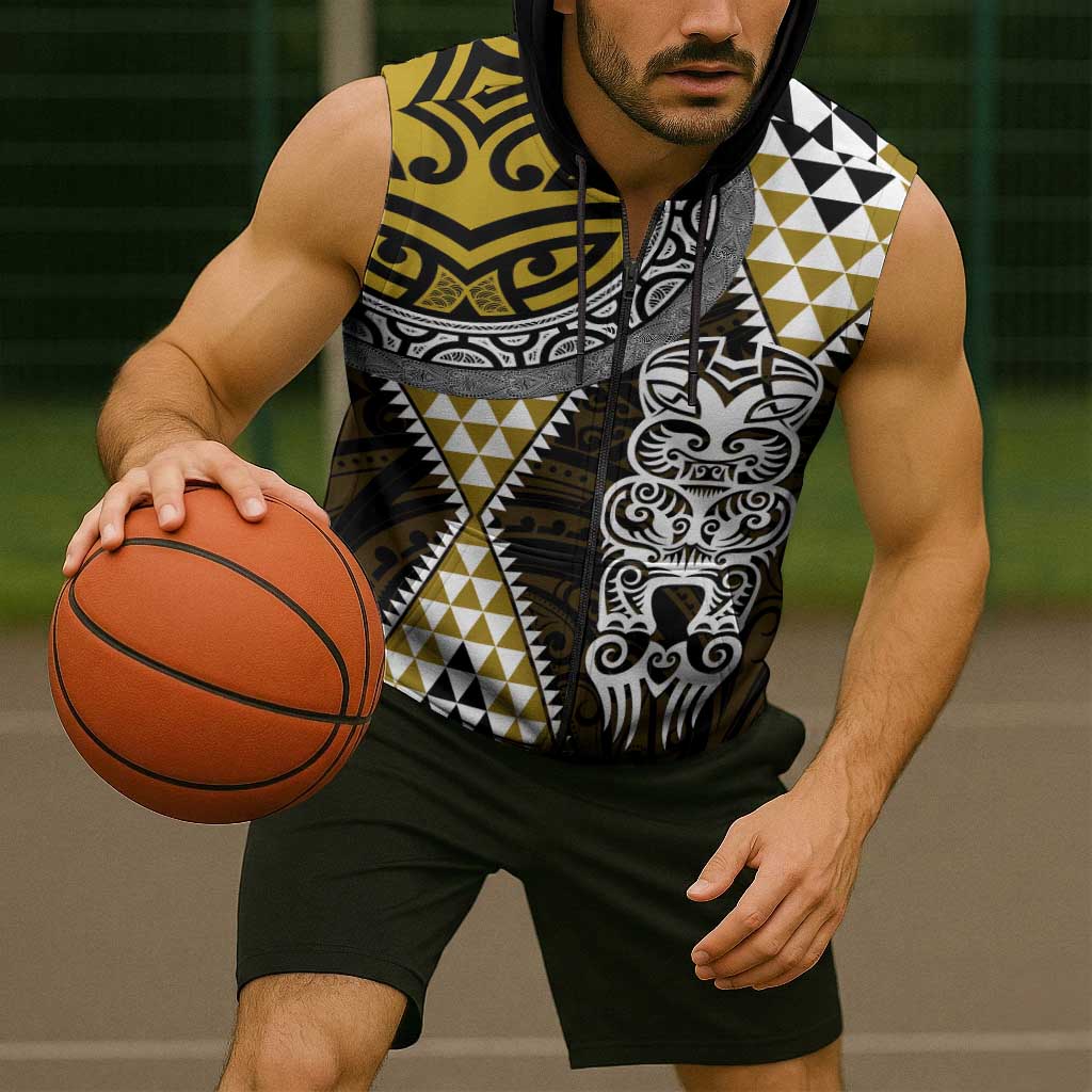 Yellow Aotearoa Niho Taniwha Sleeveless Zip Hoodie Maori Mythology Tooth - Taniko Motifs LT14