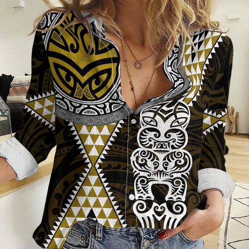 Yellow Aotearoa Niho Taniwha Women Casual Shirt Maori Mythology Tooth - Taniko Motifs