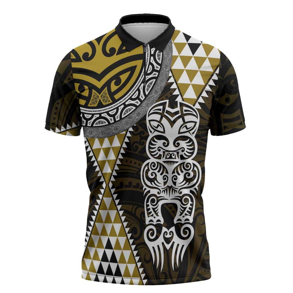Yellow Aotearoa Niho Taniwha Zipper Polo Shirt Maori Mythology Tooth - Taniko Motifs - Aussie Hoodie