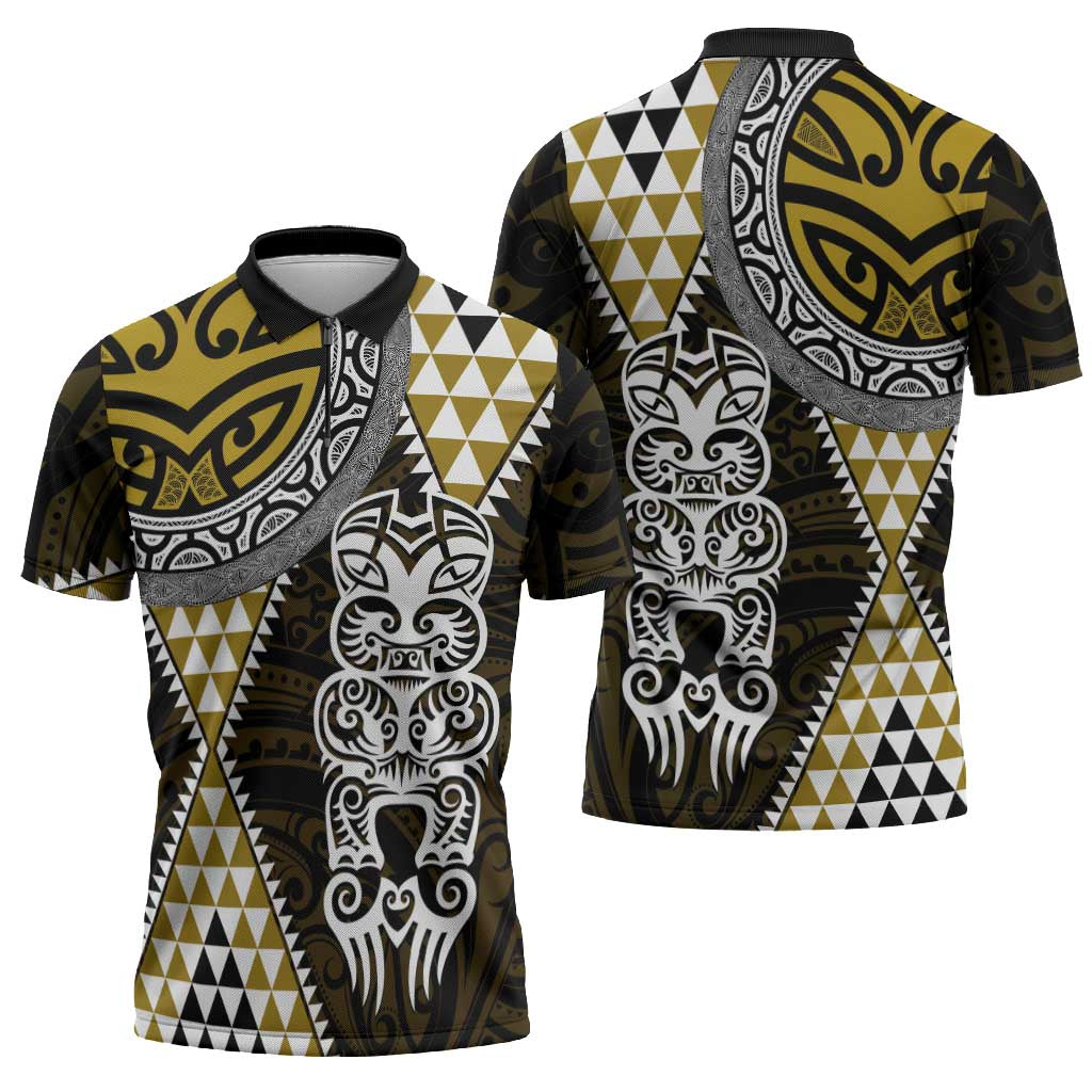 Yellow Aotearoa Niho Taniwha Zipper Polo Shirt Maori Mythology Tooth - Taniko Motifs - Aussie Hoodie