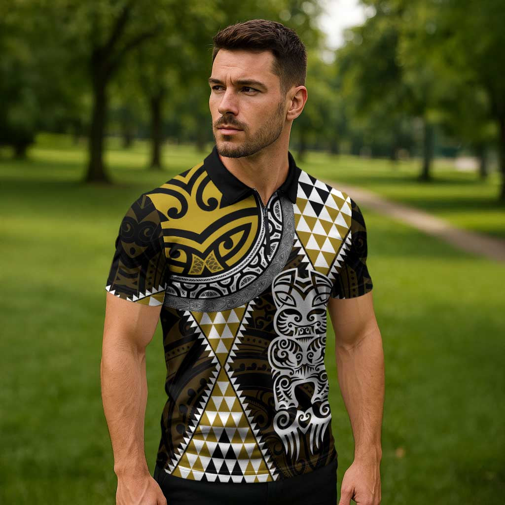Yellow Aotearoa Niho Taniwha Zipper Polo Shirt Maori Mythology Tooth - Taniko Motifs - Aussie Hoodie