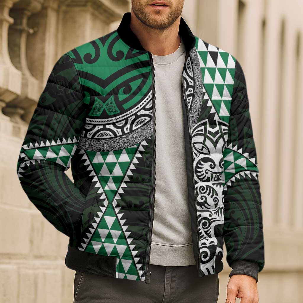 Green Aotearoa Niho Taniwha Bomber Puffer Jacket Maori Mythology Tooth - Taniko Motifs - Aussie Hoodie