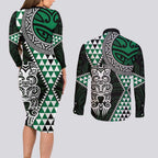 Green Aotearoa Niho Taniwha Couples Matching Long Sleeve Bodycon Dress and Long Sleeve Button Shirt Maori Mythology Tooth - Taniko Motifs