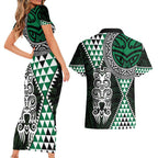 Green Aotearoa Niho Taniwha Couples Matching Short Sleeve Bodycon Dress and Hawaiian Shirt Maori Mythology Tooth - Taniko Motifs