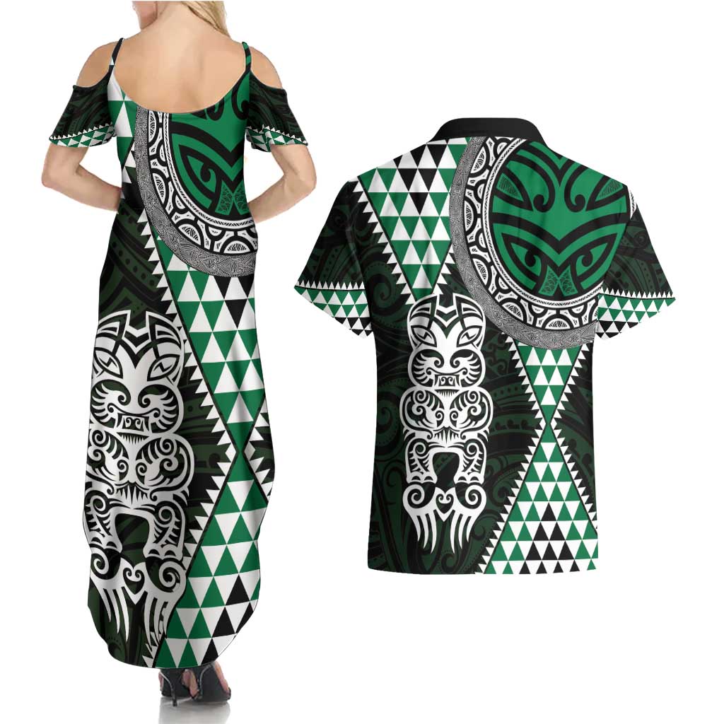 Green Aotearoa Niho Taniwha Couples Matching Summer Maxi Dress and Hawaiian Shirt Maori Mythology Tooth - Taniko Motifs