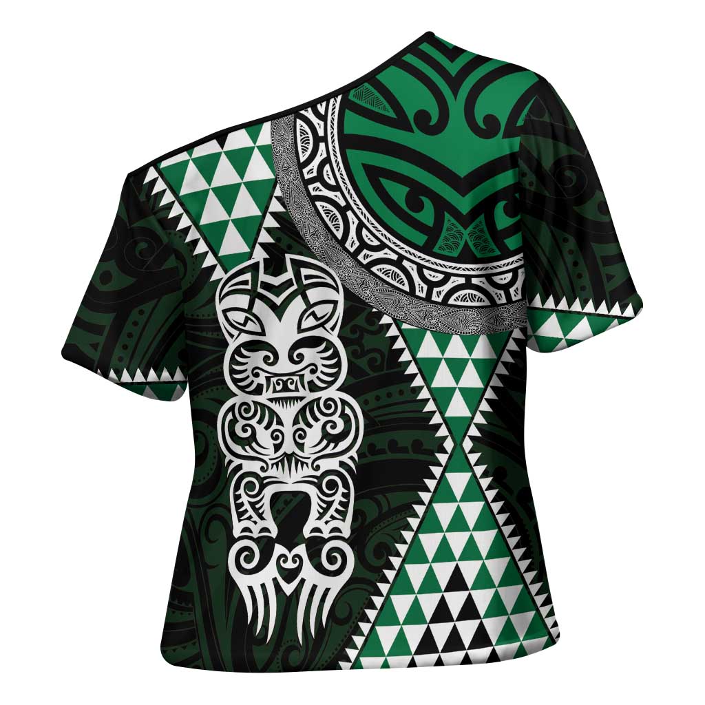 Green Aotearoa Niho Taniwha Cross Shoulder Shirt Maori Mythology Tooth - Taniko Motifs - Aussie Hoodie