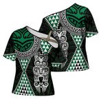 Green Aotearoa Niho Taniwha Cross Shoulder Shirt Maori Mythology Tooth - Taniko Motifs - Aussie Hoodie