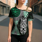 Green Aotearoa Niho Taniwha Cross Shoulder Shirt Maori Mythology Tooth - Taniko Motifs - Aussie Hoodie