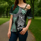 Green Aotearoa Niho Taniwha Cross Shoulder Shirt Maori Mythology Tooth - Taniko Motifs - Aussie Hoodie