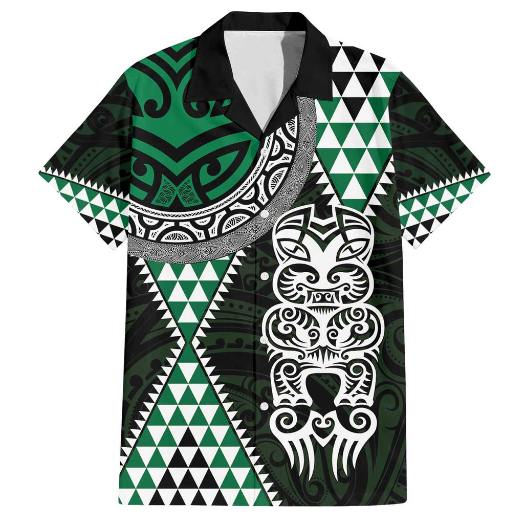 Green Aotearoa Niho Taniwha Family Matching Off The Shoulder Long Sleeve Dress and Hawaiian Shirt Maori Mythology Tooth - Taniko Motifs