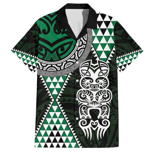 Green Aotearoa Niho Taniwha Family Matching Off The Shoulder Long Sleeve Dress and Hawaiian Shirt Maori Mythology Tooth - Taniko Motifs