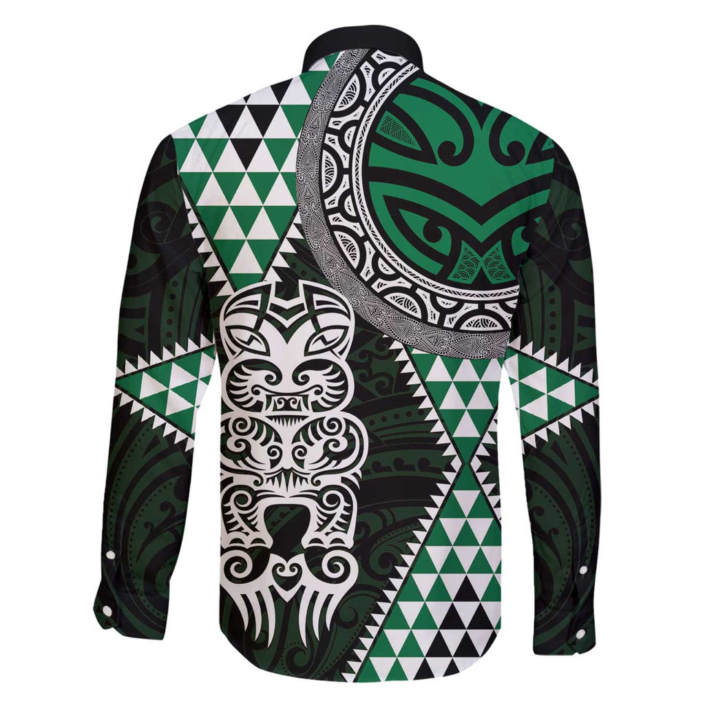 Green Aotearoa Niho Taniwha Family Matching Off The Shoulder Long Sleeve Dress and Hawaiian Shirt Maori Mythology Tooth - Taniko Motifs