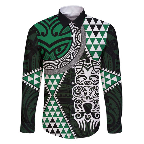 Green Aotearoa Niho Taniwha Family Matching Off Shoulder Maxi Dress and Hawaiian Shirt Maori Mythology Tooth - Taniko Motifs