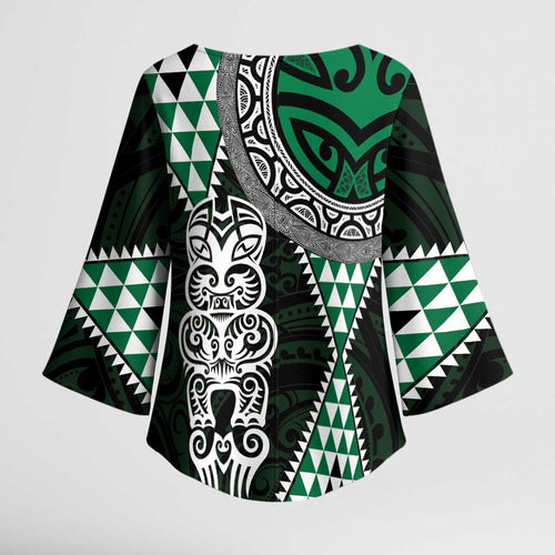 Green Aotearoa Niho Taniwha Kimono Sleeve Blouse Maori Mythology Tooth - Taniko Motifs - Aussie Hoodie