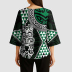 Green Aotearoa Niho Taniwha Kimono Sleeve Blouse Maori Mythology Tooth - Taniko Motifs - Aussie Hoodie