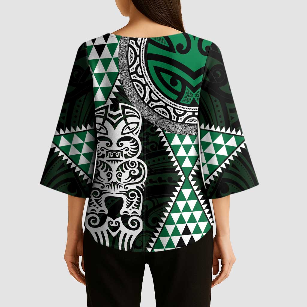 Green Aotearoa Niho Taniwha Kimono Sleeve Blouse Maori Mythology Tooth - Taniko Motifs - Aussie Hoodie