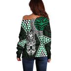 Green Aotearoa Niho Taniwha Off Shoulder Sweater Maori Mythology Tooth - Taniko Motifs