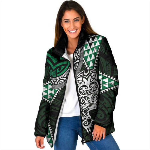 Green Aotearoa Niho Taniwha Padded Jacket Maori Mythology Tooth - Taniko Motifs - Aussie Hoodie