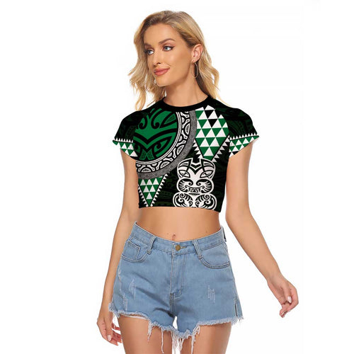 Green Aotearoa Niho Taniwha Raglan Cropped T Shirt Maori Mythology Tooth - Taniko Motifs