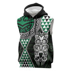 Green Aotearoa Niho Taniwha Sleeveless Hoodie Maori Mythology Tooth - Taniko Motifs - Aussie Hoodie