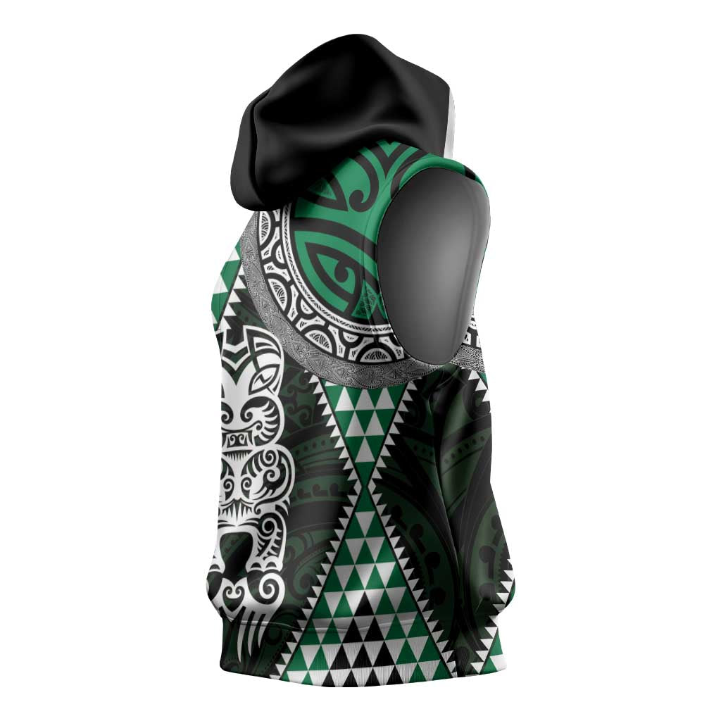 Green Aotearoa Niho Taniwha Sleeveless Hoodie Maori Mythology Tooth - Taniko Motifs - Aussie Hoodie