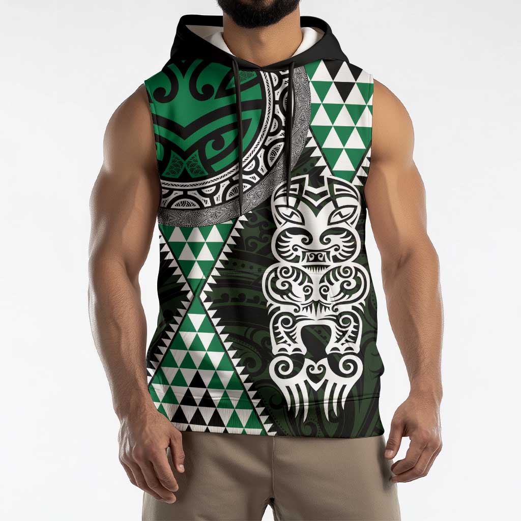 Green Aotearoa Niho Taniwha Sleeveless Hoodie Maori Mythology Tooth - Taniko Motifs - Aussie Hoodie