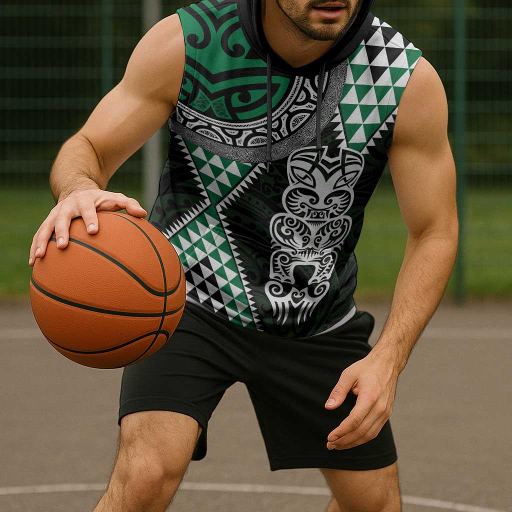 Green Aotearoa Niho Taniwha Sleeveless Hoodie Maori Mythology Tooth - Taniko Motifs - Aussie Hoodie