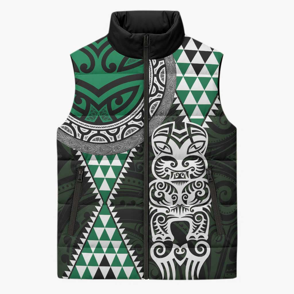 Green Aotearoa Niho Taniwha Sleeveless Puffer Jacket Maori Mythology Tooth - Taniko Motifs - Aussie Hoodie
