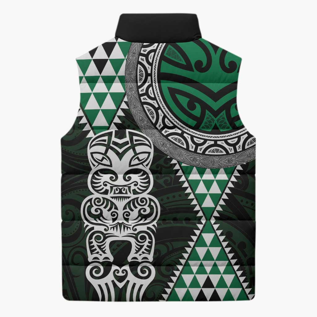Green Aotearoa Niho Taniwha Sleeveless Puffer Jacket Maori Mythology Tooth - Taniko Motifs - Aussie Hoodie