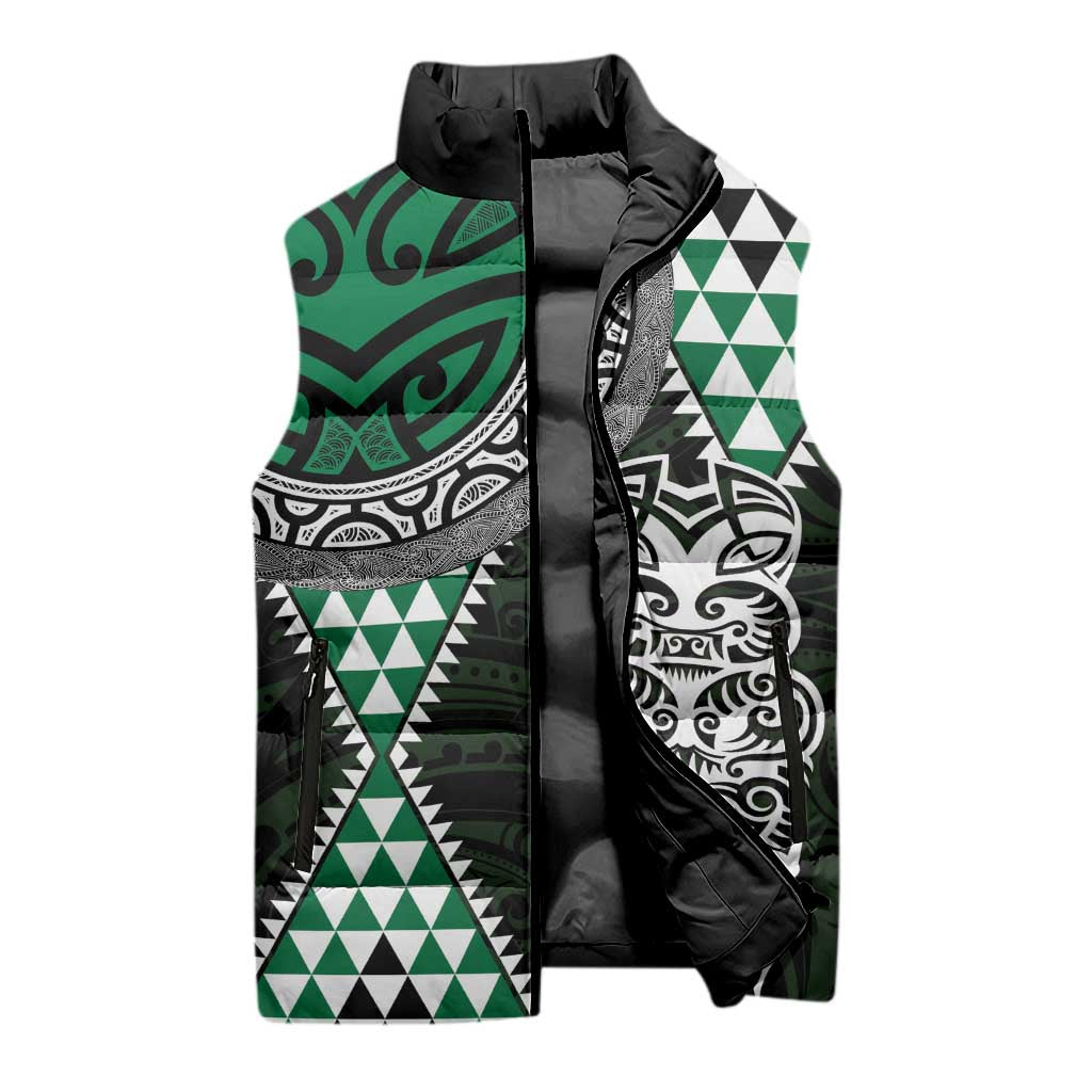 Green Aotearoa Niho Taniwha Sleeveless Puffer Jacket Maori Mythology Tooth - Taniko Motifs - Aussie Hoodie