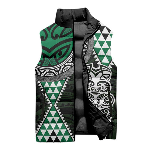 Green Aotearoa Niho Taniwha Sleeveless Puffer Jacket Maori Mythology Tooth - Taniko Motifs - Aussie Hoodie