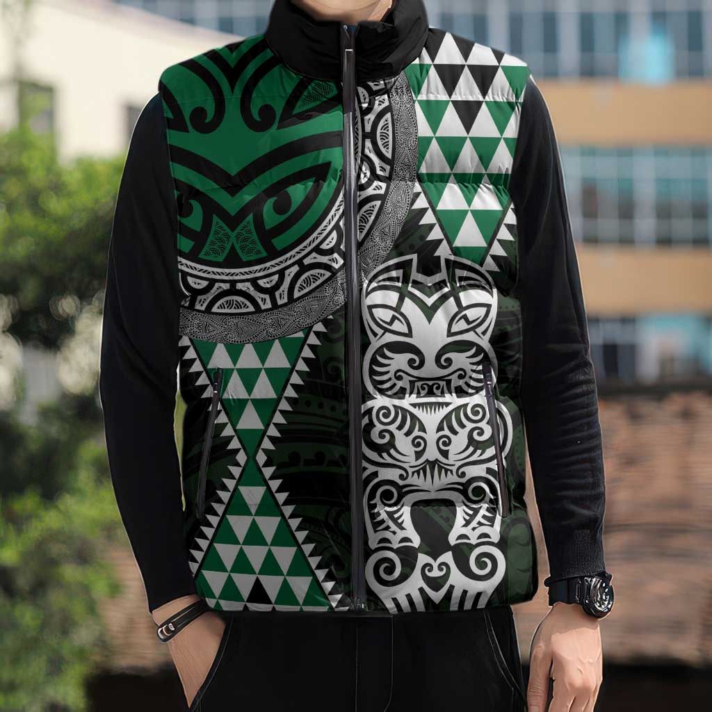 Green Aotearoa Niho Taniwha Sleeveless Puffer Jacket Maori Mythology Tooth - Taniko Motifs - Aussie Hoodie