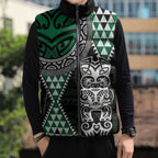 Green Aotearoa Niho Taniwha Sleeveless Puffer Jacket Maori Mythology Tooth - Taniko Motifs - Aussie Hoodie